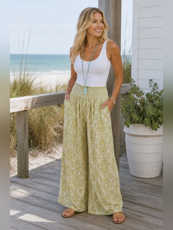 Patrons of Peace Pants - Patrons of Peace Smocked Waist High Rise Wide Leg Pants Resortwear Women's S